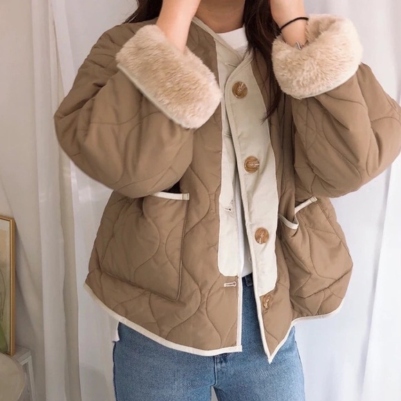 Coat jacket puffer reversible cozy khaki beige tan pocket quilted pocket women - Picture 1 of 15